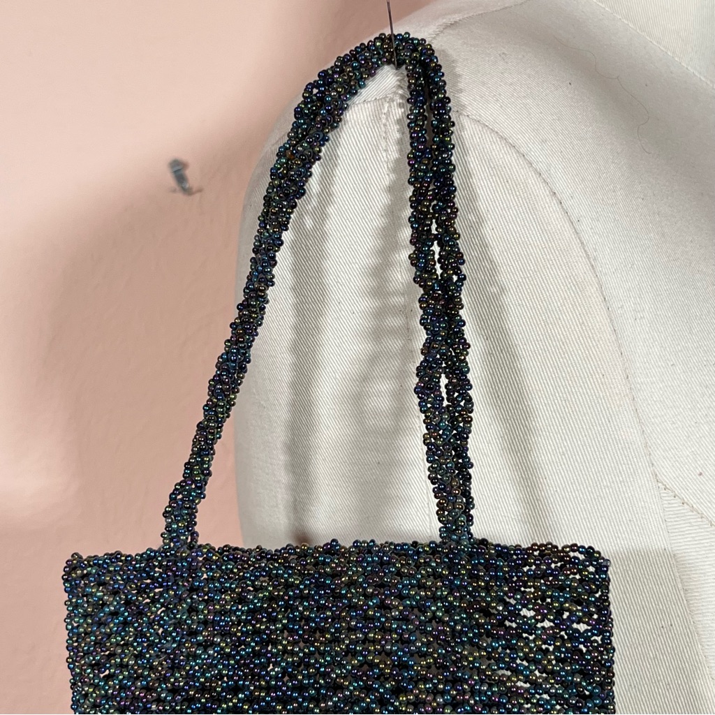 Art Deco Vintage Vanessa Glass Beaded Black Aurora Borealis Fringed Evening Bag — image 8 of 8